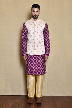 Off white bundi with zari embroidered floral butti patterns. Comes with purple floral pattern kurta and pant. - Aza Fashions Kurta Set Men, Purple Floral Pattern, Nehru Jacket, Kurta Set, White Silk, Embroidered Silk, Mandarin Collar, Purple Floral, Aza Fashion