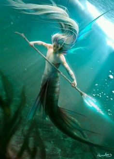 a mermaid with long hair holding a stick in her hand and swimming under the water