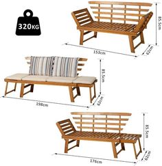 two wooden benches sitting next to each other on top of a white background with measurements