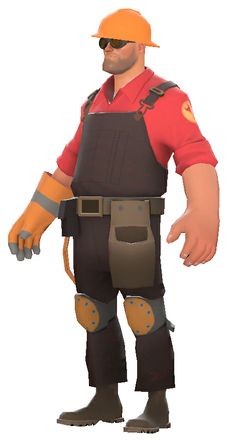 a cartoon character wearing an orange hat and overalls, with his hands in his pockets