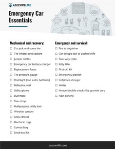 an emergency car checklist with the words emergency car essentials and instructions on it