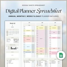 the digital planner spreadsheet is displayed on a white background with blue sky in the background