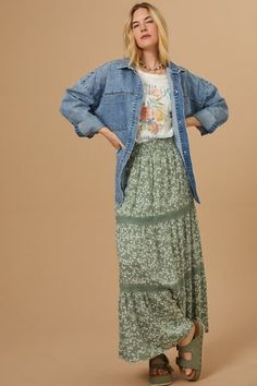 Dahlia Floral Maxi Skirt Floral Dresses Outfit, Edgy Floral Outfits, Flowy Feminine Style, Patterned Maxi Skirt, Dress With Shacket, Mennonite Fashion, Rbt Outfits, Fun Outfits For Women, Peasant Skirt Outfit