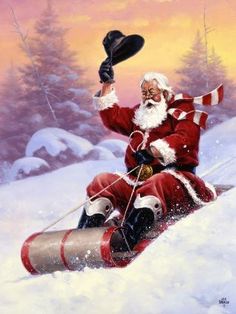 a painting of santa claus riding a sled in the snow with his hat on