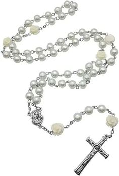 Elegant White Pearl Rosary, White Pearl Necklace With 8mm Beads, Elegant White Rosary With Round Beads, White Pearl Necklaces With 8mm Beads, Jesus Cross Necklace, Chain Rosary, Handmade Rosary, Beads Rosary, Pearl Rosary