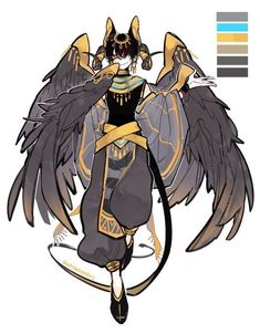 an anime character with large black wings and yellow accents on her body, standing in front of