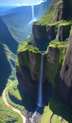 an aerial view of a waterfall in the middle of a valley with green grass and rocks