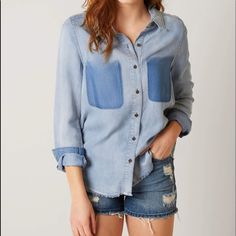 Brand New With Tags. Bke Denim Shirt. Chambray Denim Button Front Shirt With Removed Pockets. Chambray Denim Shirt, Chambray Shirt, Women Shirts Blouse, Shirts Blouses, Button Front Shirt, Women's Shirts, Denim Shirt, Denim Wash, Chambray