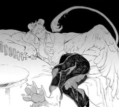 a drawing of an angel laying on top of a bed next to a person with their hand in the air