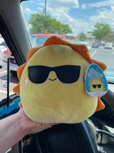 a person holding up a stuffed animal with sunglasses on it's head in a car