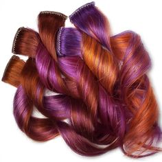 Amber, Copper, Lilac Purple, Violet Purple, Orchid Purple And Orange The Details: 6 Piece Set Each Piece Is About 1.5" Wide Double Drawn 100% Remy Human Hair -Meaning They Not Only Look Like Real Hair, They Are Real Hair And Can Be Heat Styled, Cut And Color As You Could With Your Own Natural Hair. 10 Inches Long Add Color To Your Hair Without Damaging Chemicals And Upkeep Or Commitment To Any Colors! Also Add Volume To Your Hair As These Are Double Drawn, Remy Human Hair Extensions - Meaning Th Add Volume To Your Hair, Hair Extensions Color, Sunset Ombre, Colored Hair Extensions, Curly Clip Ins, Orchid Purple, Work Hairstyles, Straight Lace Front Wigs, Remy Human Hair Extensions