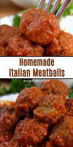 homemade italian meatballs on a white plate with chopsticks in it and the title above reads homemade italian meatballs