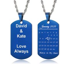 Personalized Engraved Calendar 1 Date Men's Pendant, ﻿a unique pendant necklace for men. It can be personalized to add the date of your choice in remembrance of a special day like birthdays or anniversaries. It also makes an ideal gift for your significant other. This necklace will not fail to impress and stand out from the crowd. It comes in two classy-looking colors to select from blue and black. Features: Necklace Type: Pendant Necklaces Gender: Men Compatibility: Other Pendant Size: 49mm*28m Personalized Blue Necklace For Mother's Day, Father's Day Anniversary Dog Tag Necklace, Personalized Blue Necklace For Anniversary, Personalized Blue Necklaces For Anniversary, Customized Blue Jewelry For Birthday, Blue Engraved Necklace For Gift, Personalized Dog Tag Necklace For Father's Day, Personalized Dog Tag Necklaces For Father's Day, Blue Personalized Necklace For Valentine's Day