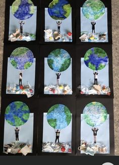 the earth is made out of paper and cut into four different sections with people standing on them