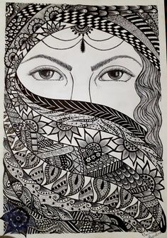 a drawing of a woman's face with long hair and eyes covered in intricate patterns