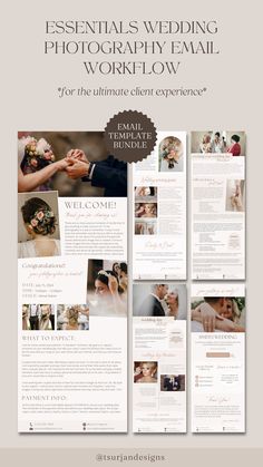 the wedding photography flyer is shown with photoshopped images and text, which are also in