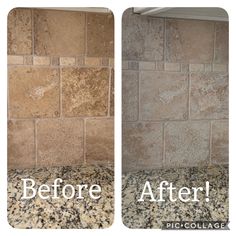 before and after pictures of a kitchen backsplash