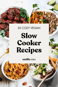 slow cooker recipes with text overlay that reads 30 cozy vegan slow cooker recipes