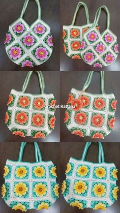 crocheted purses with flowers on them are shown in four different colors and sizes