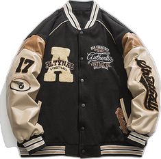 black A varsity jacket Hooded Varsity Jacket With Letter Embroidery For Fall, Black Long Sleeve Varsity Jacket For Baseball Season, Fall Hooded Varsity Jacket With Letter Embroidery, Black Varsity Outerwear For Baseball Season, Casual Black Varsity Jacket For Baseball Season, Winter Embroidered Patch Varsity Jacket For Streetwear, Varsity Outerwear With Embroidered Baseball Collar, Long Sleeve Varsity Jacket With Letter Embroidery, Winter Varsity Jacket With Embroidered Patch