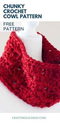 a red crocheted cowl is shown with the text chunk cowl pattern