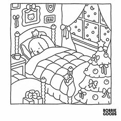 a black and white drawing of a bed with christmas decorations