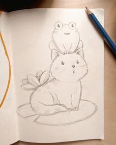 a drawing of a cat with a frog sitting on top of it's back