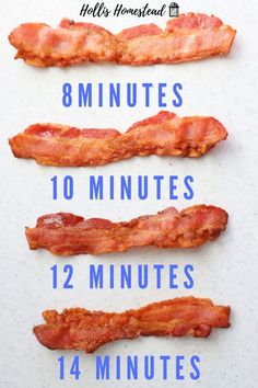 bacon strips are arranged on top of each other to form the words, 8 minutes and 10 minutes