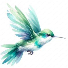 a watercolor painting of a hummingbird flying with wings spread out and its beak open