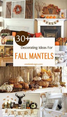 fall mantels with pumpkins and other decorations