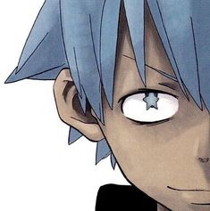 an anime character with blue hair and stars on his forehead, staring at the camera