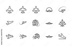 set of airplane icons on white background, simple line art design for web and mobile app