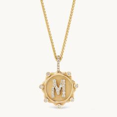 Alphabet Coin Pavé Necklace | Marlo Laz Alphabet Jewelry, Pave Necklace, Amulet Necklace, Bezel Set Diamond, Coin Necklace, Gold Chain Necklace, Pave Diamonds, White Diamond, Locket