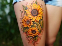 a woman's thigh with sunflowers painted on it