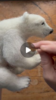 someone is holding a stuffed polar bear in their hand