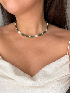 Simple but chic choker with freshwater baroque pearls and jade. Perfect for a vacation or everyday wear! It's original jewelry, beaded by hand, using only natural gemstone beads. You can also combine in a lot of ways with your own jewelry and your casual or festive outfits.  LENGTH: 35 cm + 5 cm chain. CLOSURE: lobster claw. MATERIALS: jade, baroque freshwater pearls, enamel pendant, furniture can be: stainless steel, 925 silver or goldened stainless steel. You might also like earrings from the Necklace For Everyday, Festive Outfits, Pearl Gifts, Gemstone Choker, Jewelry Beaded, Pearl Choker Necklace, Summer Necklace, Original Jewelry, Beaded Accessories