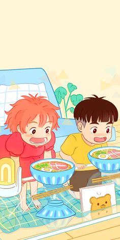 two children are sitting at a table with bowls of food in front of their faces