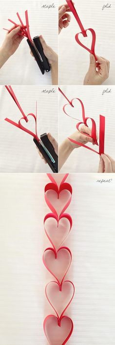 four photos showing how to make paper hearts