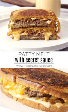 two grilled cheese sandwiches on toasted bread with the words patty melt with secret sauce