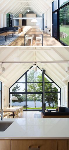 YH2 Have Designed A New Lakeside Vacation House In Quebec Small Porch, Double Height, Vacation House, Small Porches, Beach Cottage Style, Modern Windows, Modern Barn, Windows Exterior, Inside And Outside