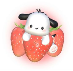 a cartoon dog sitting on top of three strawberries