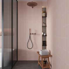 a bathroom with pink walls and flooring next to a shelf filled with soaps