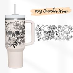 a white coffee mug with a skull and flowers on the side, next to an illustration of a flower bouquet