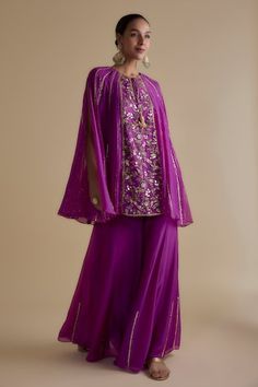 Purple panelled kurta with gold sequin and thread embroidery in floral pattern. Paired with panelled palazzo. - Aza Fashions Kurta And Palazzo, Braid Videos, Desi Dress, Traditional Indian Outfits, Palazzo Set, Beautiful Dress Designs, Hair Braid, Wedding Lehenga, Thread Embroidery