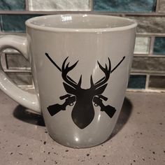 12oz Gray Coffee Mug With Deer Hunting Design. Back Side Can Be Personalized With Any Name. Message Me After Purchase And Let Me Know What Name You Would Like. Glass Cups With Vinyl, Cups With Vinyl, Alice In Wonderland Mug, Snoopy Mug, 10 Strawberry Street, Hunting Design, Tall Coffee Mugs, Pretty Halloween, Large Coffee Mugs