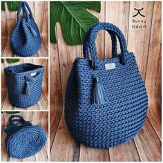 the crocheted bag is blue and has a tasselled handle