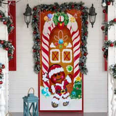 a door decorated with christmas decorations and lights