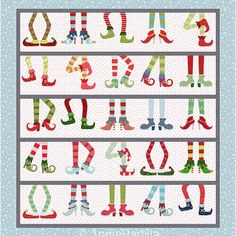 a quilted christmas alphabet with stockings and boots on it's sides, all in different colors