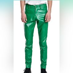 Never Worn Still In Packaging Fitted Green Leather Straight Leg Pants, Green Leather Bottoms For Fall, Green Fitted Leather Bottoms, Fitted Green Leather Bottoms, Green Leather Bottoms For Spring, Trendy Green Straight Leg Leather Pants, Trendy Green Leather Bottoms, Green Faux Leather Bottoms For Spring, Fitted Green Faux Leather Pants