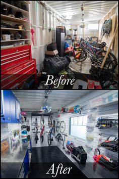 before and after photos of a garage with lots of tools on the wall, including bike racks